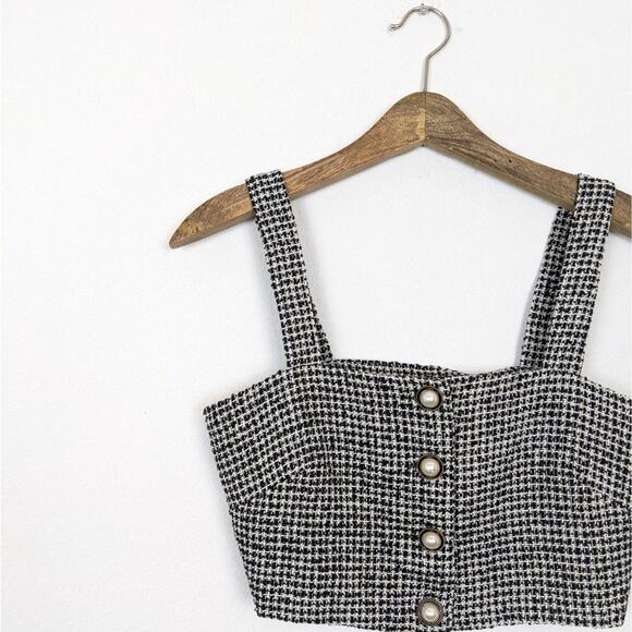 NWT Fashion Union Black & White Tweed Button Front Bustier Crop Top - Picture 3 of 7